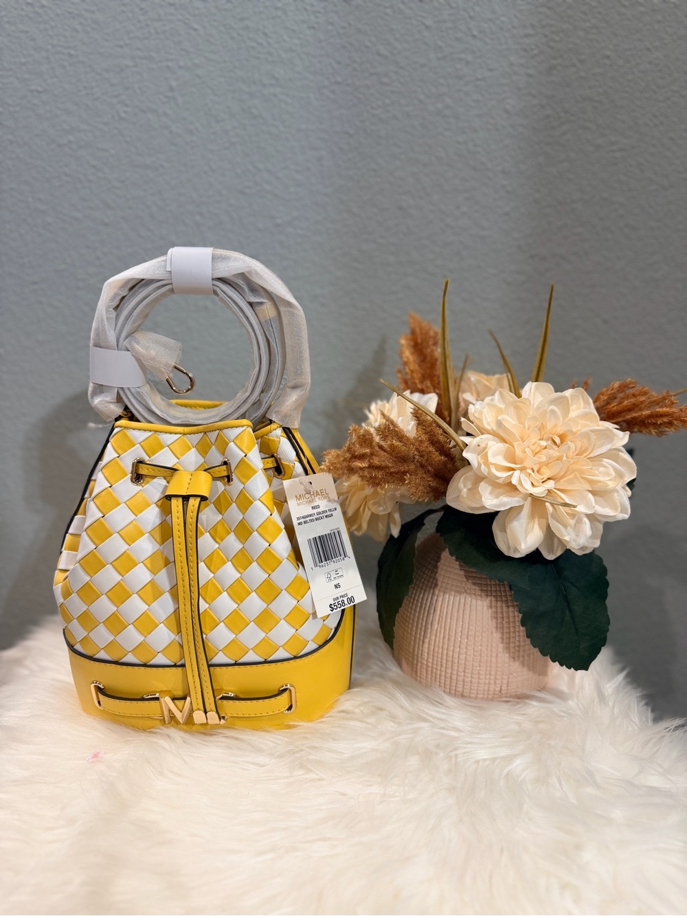 Michael Kors Reed Woven Belted Bucket Crossbody Bag